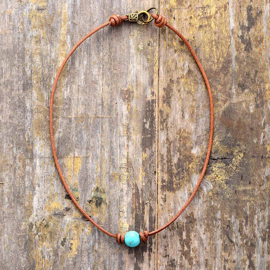 Handmade Leather Choker Necklace with Turquoise Stone - 15 Inches