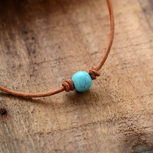Handmade Leather Choker Necklace with Turquoise Stone - 15 Inches