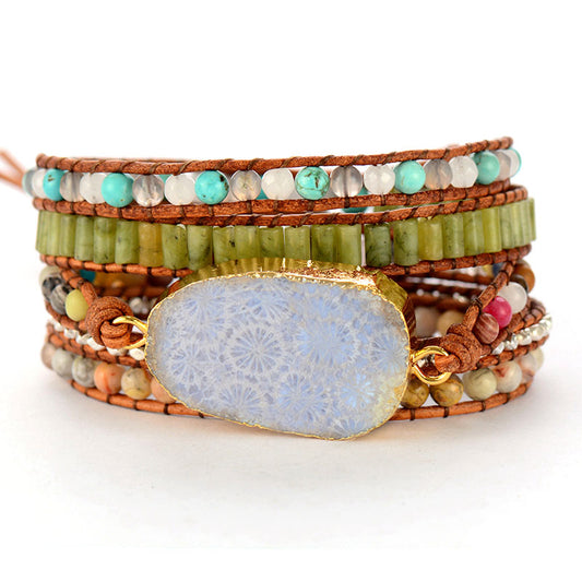 Handmade Natural Chrysanthemum Leather Wrap Bracelet 32.5 inches + 3 closures