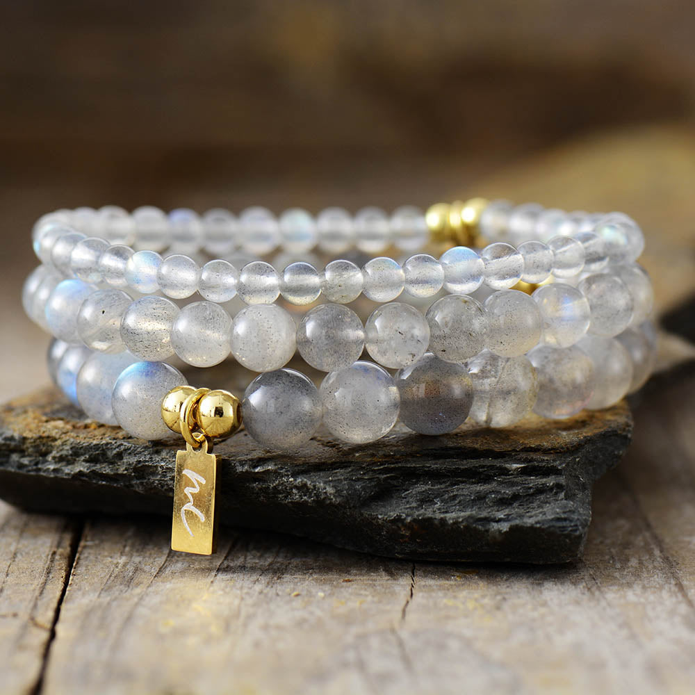 Handmade Labradorite Beaded Bracelet with a Gold Plated Tag