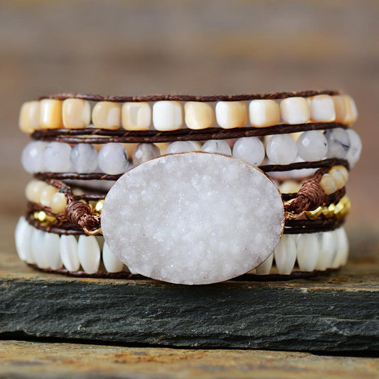 Handmade Natural Druzy Shell and Jade Wrap Bracelet