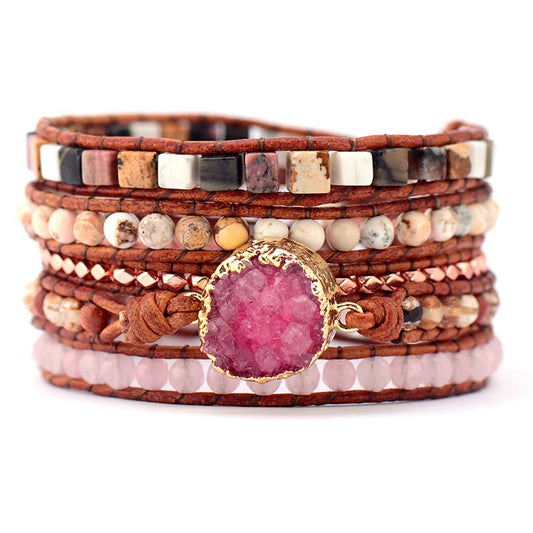 Handmade Natural Druzy and Mixed Stones Leather Bracelet - 32.5 inches+3 closures