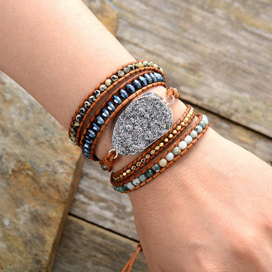 Handmade Natural Druzy and Rhinestone Leather Bracelet - 32.5 Inches + 3 Closures