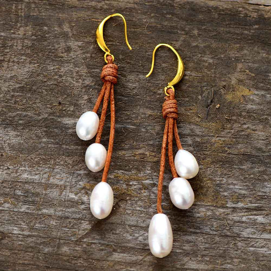 Handmade Fresh Water Pearl and Leather Earrings