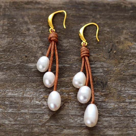 Handmade Fresh Water Pearl and Leather Earrings