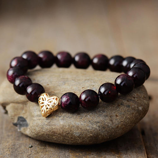 Handmade Natural Garnet Stone with Heart Shaped Charm Bracelet