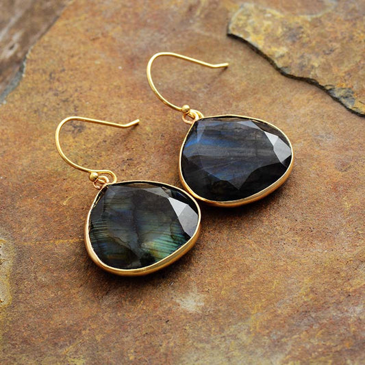 Handmade Gold Tone Labradorite Dangle Earrings