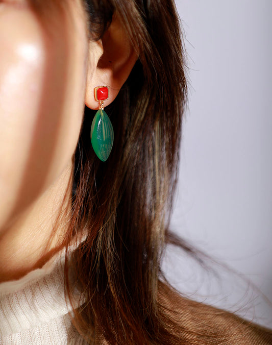 Handmade Green Agate and Gold Crystal Earrings