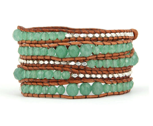 Handmade Natural Aventurine Leather Bracelet - 32.5 Inches + 3 Closures