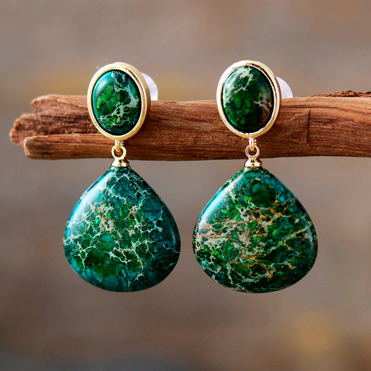 Handmade Green Imperial Jasper and Gold Stud Earrings