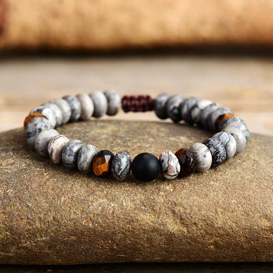 Handmade Grey Jasper, Black Onyx and Tigers Eye Bracelet