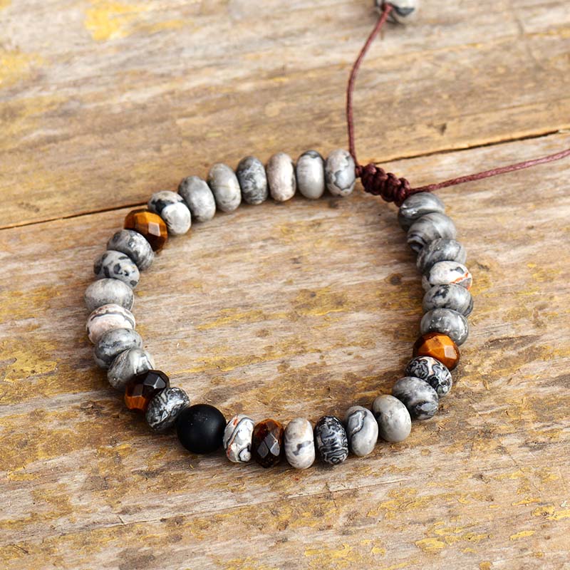 Handmade Grey Jasper, Black Onyx and Tigers Eye Bracelet