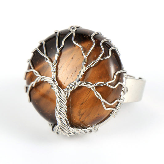 Resizable Tiger Eye Natural Stone Ring With a Silver Tree of Life Wrap