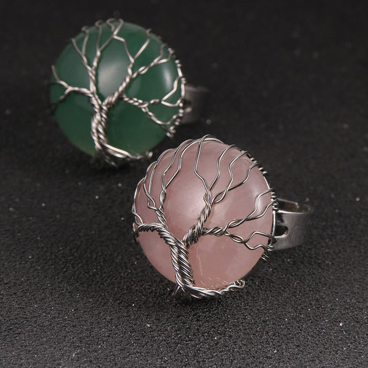 Resizable Rose Quartz Natural Stone Ring With a Silver Tree of Life Wrap