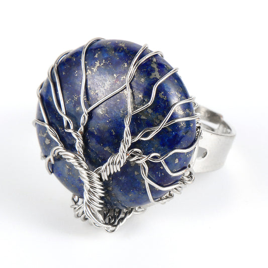 Resizable Lapis Lazuli Natural Stone Ring With a Silver Tree of Life Wrap