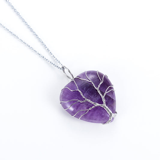 Natural Amethyst Stone with a Tree of Life Wrapped Heart Necklace