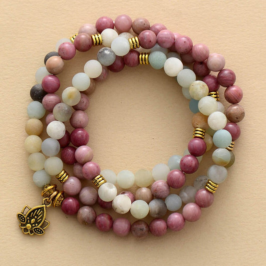 Handmade 108 6MM Rhodonite and Amazonite Beaded Mala with a Lotus Charm - 27.7 Inches