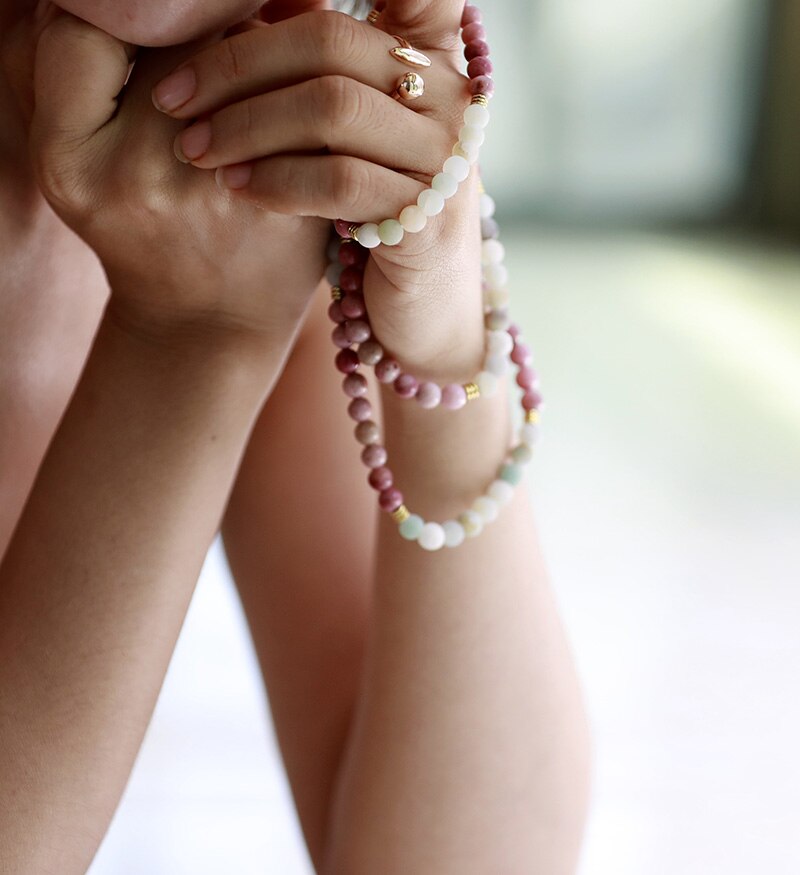 Handmade 108 6MM Rhodonite and Amazonite Beaded Mala with a Lotus Charm - 27.7 Inches