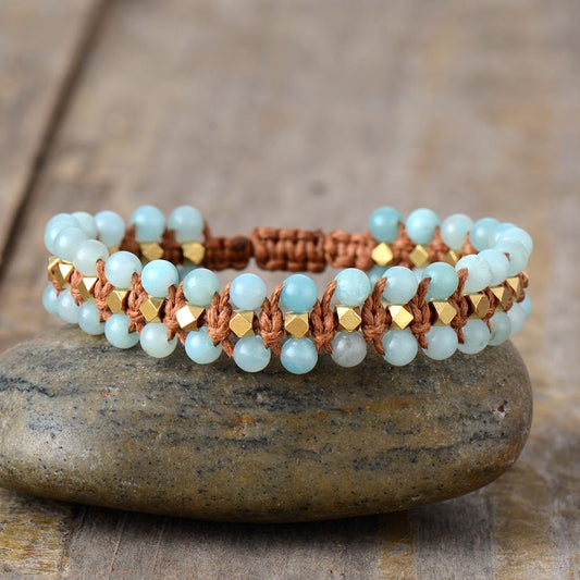 Handmade Amazonite and Metal Beaded Braided Bracelet