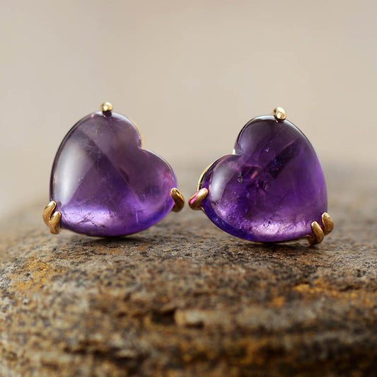 Handmade Amethyst Heart Shaped Stud Earrings