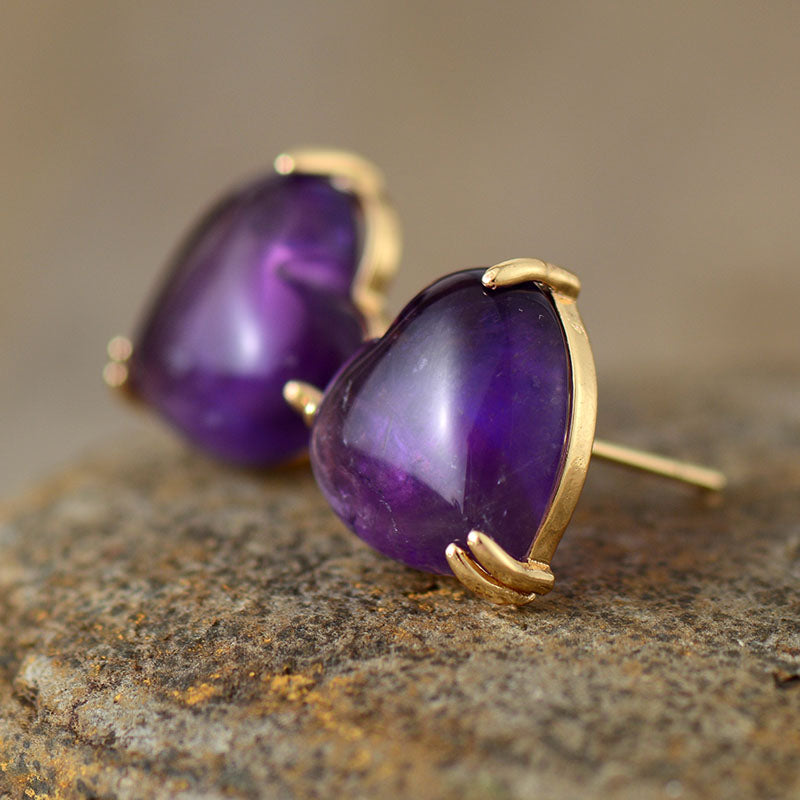 Handmade Amethyst Heart Shaped Stud Earrings