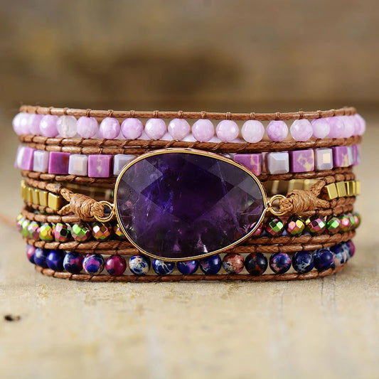 Handmade Amethyst Jasper and Hematite Wrap Bracelet - 32.5 Inches + 3 Closures