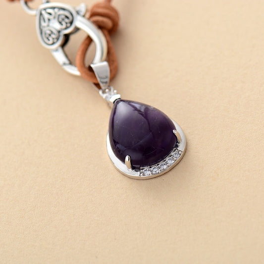 Handmade Amethyst Teardrop Pendant Leather Necklace