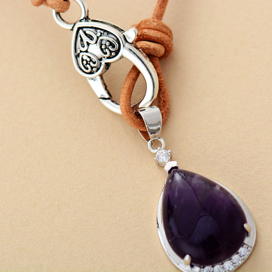 Handmade Amethyst Teardrop Pendant Leather Necklace