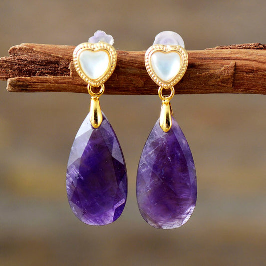 Handmade Amethyst Teardrop and Heart Stud Earrings