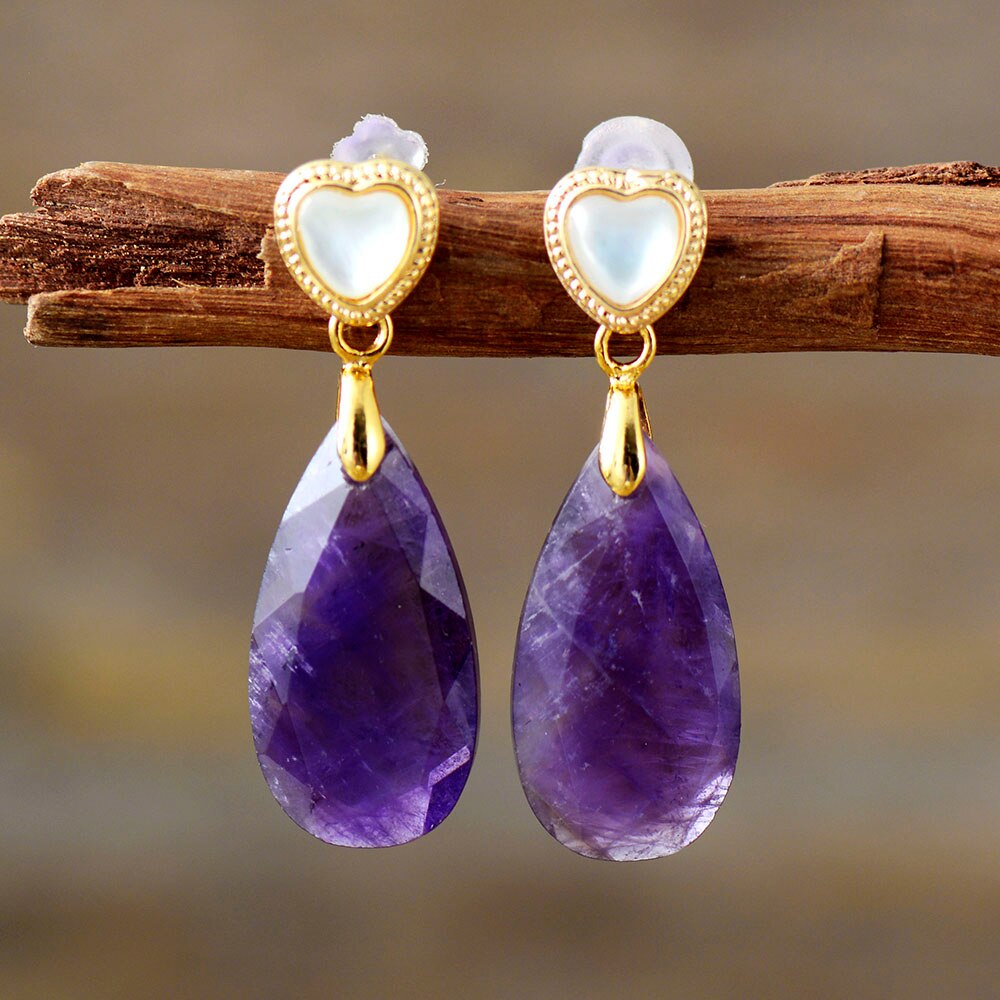 Handmade Amethyst Teardrop and Heart Stud Earrings