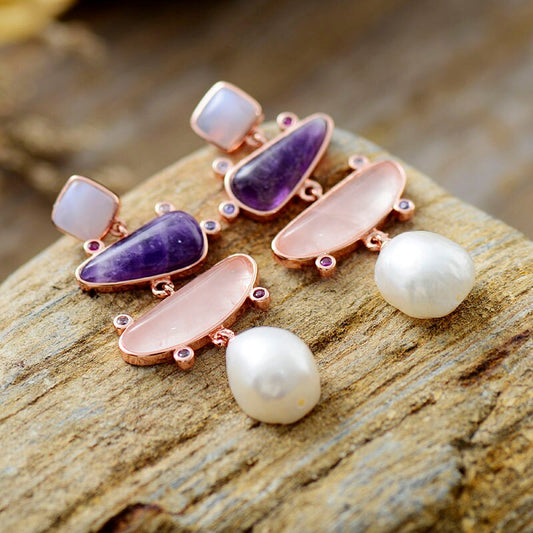 Handmade Amethyst, Rose Quartz and Fresh Water Pearl Stud Earrings