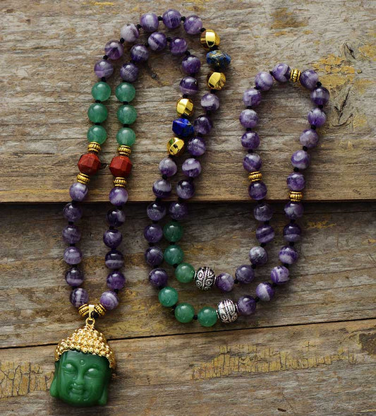 Handmade Amethyst and Gold Necklace with a Buddha Pendant