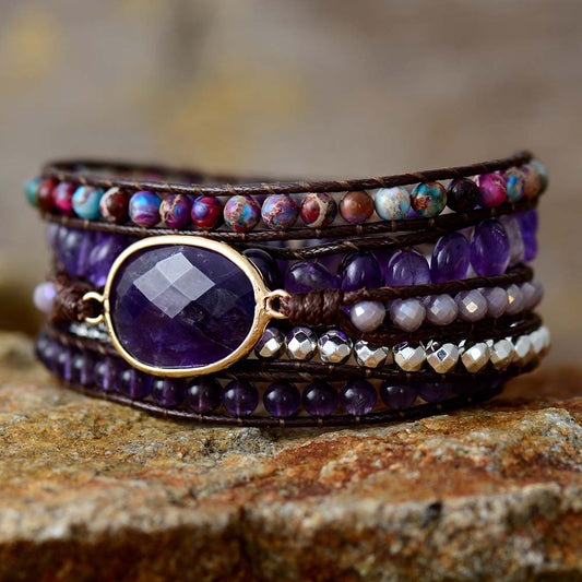 Handmade Amethyst and Jasper Vegan Wrap Bracelet - 32.5 Inches + 3 Closures
