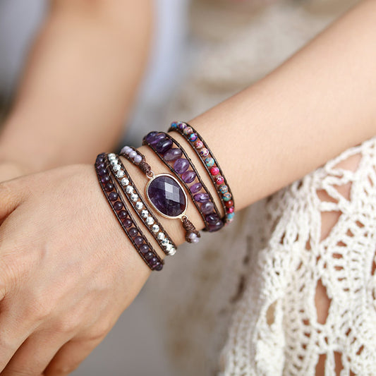Handmade Amethyst and Jasper Vegan Wrap Bracelet - 32.5 Inches + 3 Closures