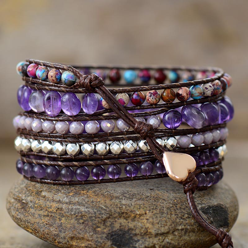 Handmade Amethyst and Jasper Vegan Wrap Bracelet - 32.5 Inches + 3 Closures