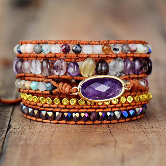 Handmade Amethyst and Quartz Wrap Bracelet - 32.5 Inches + 3 Closures
