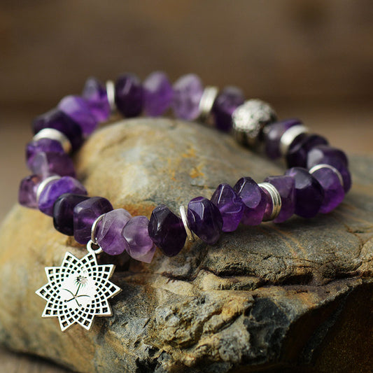 Handmade Amethyst and Sunburst Charm Elastic Bracelet