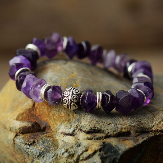 Handmade Amethyst and Sunburst Charm Elastic Bracelet
