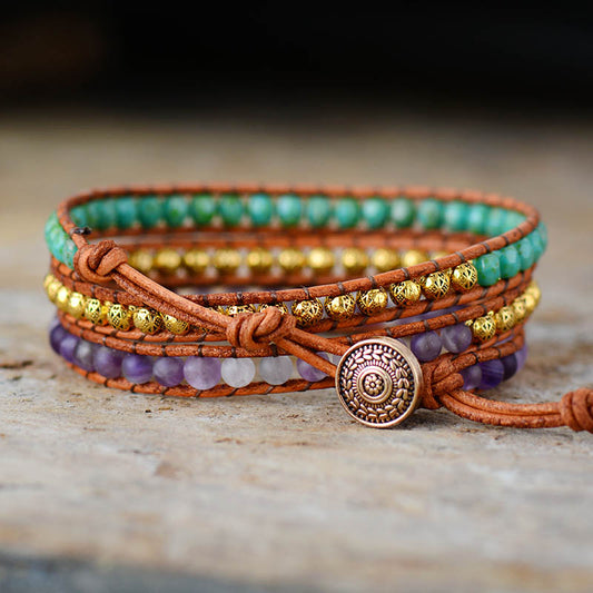 Handmade Amethyst and Tibetan Beads Wrap Bracelet - 19.7 Inches + 3 Closures