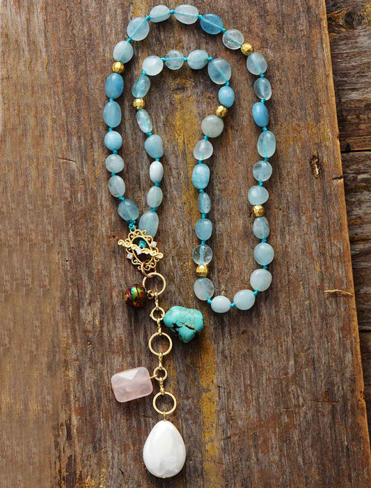 Handmade Aquamarine Necklace with Rose Quartz, Turquoise and Shell Pearl Pendants