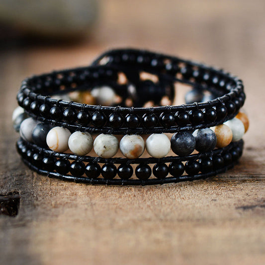 Handmade Black Onyx Boho Cuff Leather Bracelet