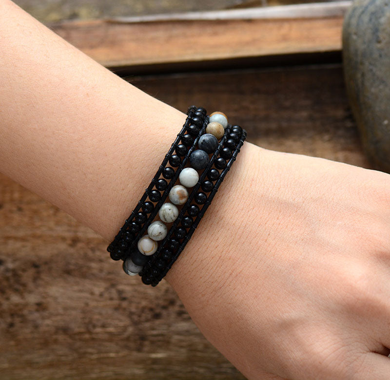 Handmade Black Onyx Boho Cuff Leather Bracelet