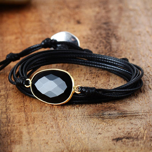 Handmade Black Onyx and Black Wax Cord Bracelet