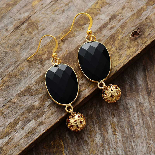 Handmade Black Onyx and Gold Dangle Earrings