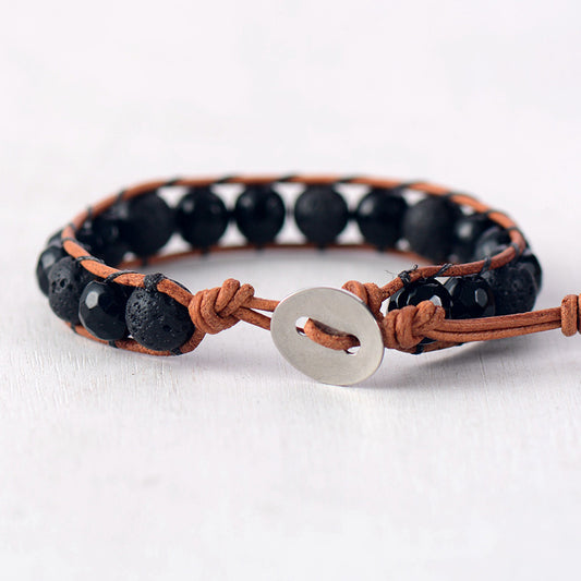 Handmade 8MM Black Onyx and Lava Stone Leather Bracelet