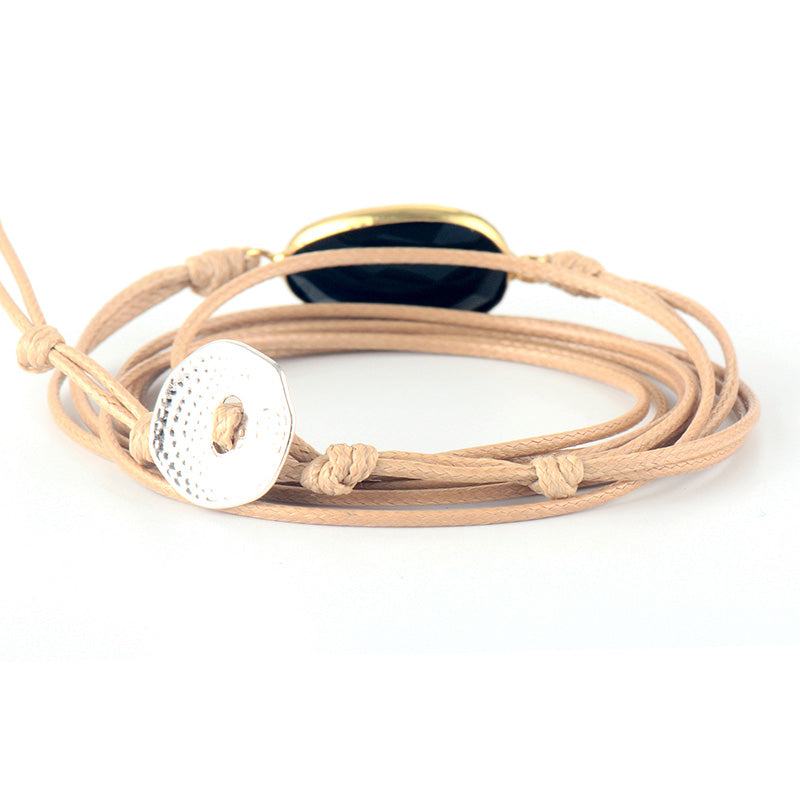 Handmade Black Onyx and Tan Wax Cord Bracelet