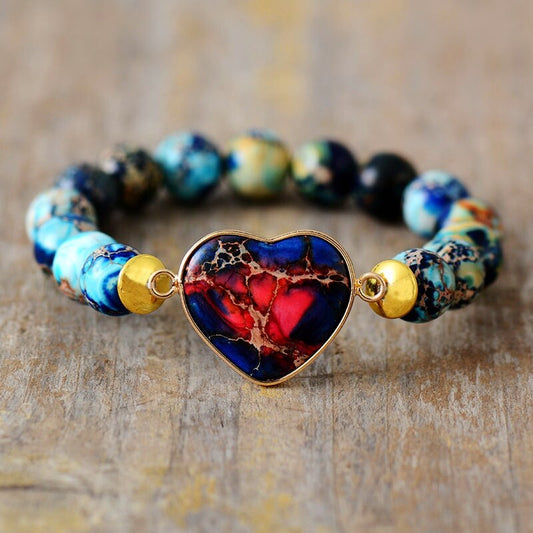 Handmade Blue Imperial Jasper Beaded Bracelet with a Heart