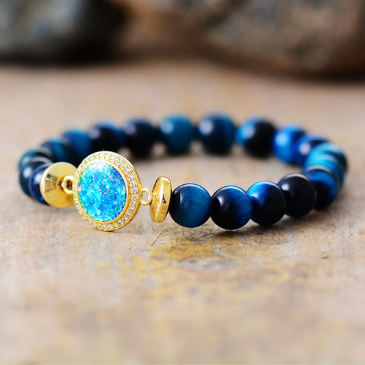 Handmade Blue Tigers Eye and Opal Bead Bracelet