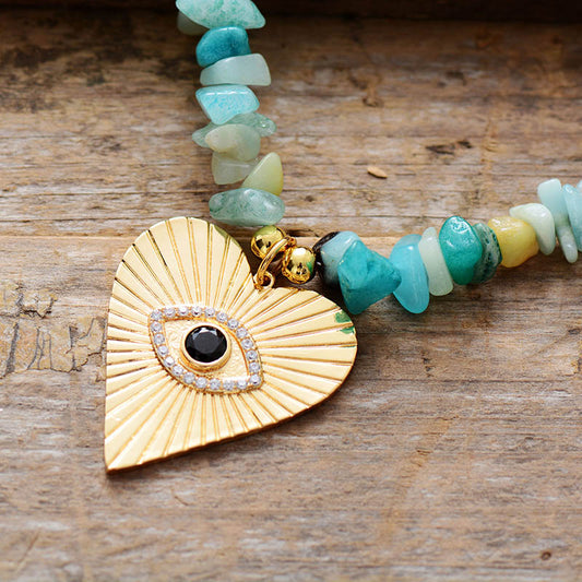 Handmade Chunky Amazonite Heart Pendant Choker Necklace