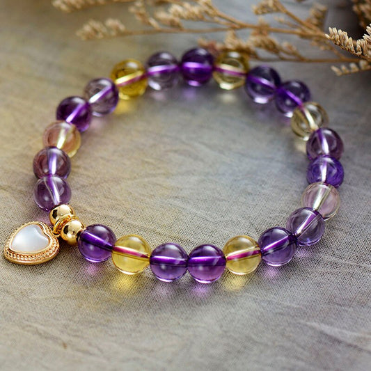 Handmade Citrine and Amethyst Elastic Beaded Bracelet and Heart Charm - 8MM Beads
